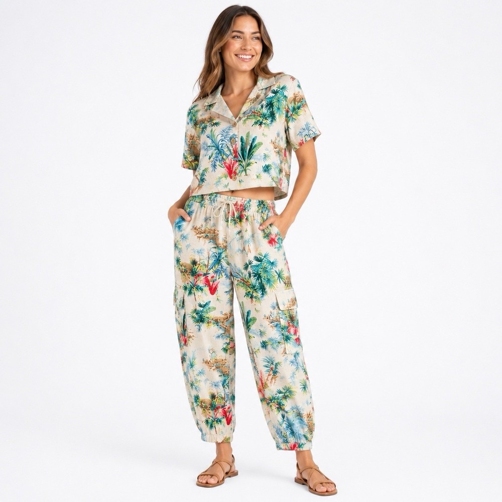 C&C California Linen Rayon Tropical Crop Top Cargo Pants Set L Resort Boho